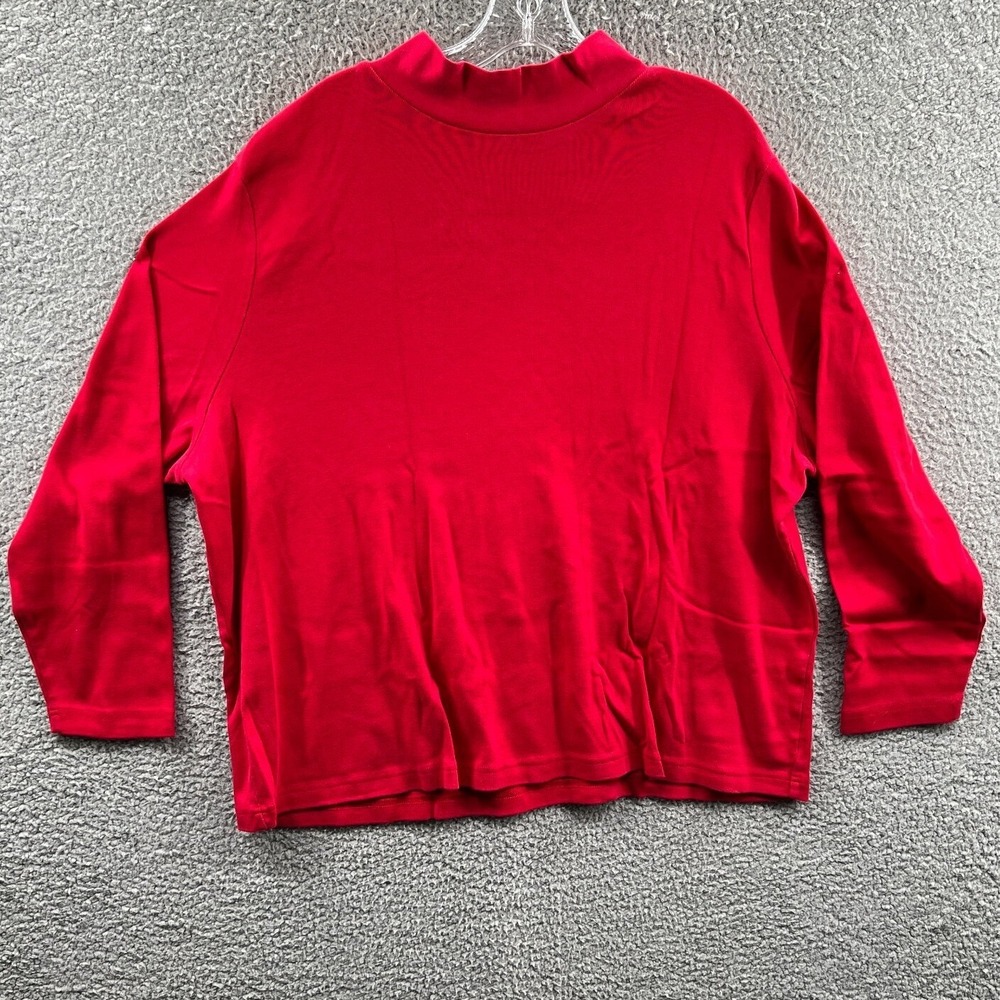 Women Knit Top 3X Red Cotton Mock Neck Long Sleeve Plus Size Capsule Cozy Lounge